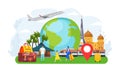 Travel tourist people concept, vector illustration. Adventure around world, tourism vacation by airplane, holiday