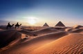 Travel tourist to pyramids in beautiful desert, AI generated