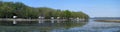 Travel trailers camping by the Mississippi river in Illinois at Thomson Causway panorama