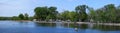 Travel trailers camping by the Mississippi river in Illinois at Thomson Causway panorama