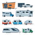 Travel Trailers Collection, Modern Mobile Homes for Summer Adventures, Family Tourism and Vacation Flat Vector