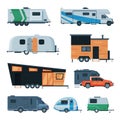 Travel Trailers Collection, Modern Mobile Homes for Summer Trip, Family Tourism and Vacation Flat Vector Illustration