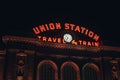Travel By Train neon sign at Union Station, Denver, Colorado Royalty Free Stock Photo