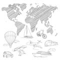 Travel Transport and world map line sketch vector