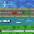 Travel and transportation horizontal banners with ship car, plane train top view vector illustration