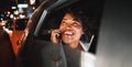 Travel, transportation and night, black woman and phone call, city view and communication with drive and smile on face Royalty Free Stock Photo