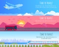 Travel Transportation vector illustration set, cartoon flat modern electric train, bus, airplane traveling in nature