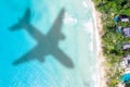 Travel traveling vacation sea symbolic picture airplane flying copyspace copy space Seychelles beach water Royalty Free Stock Photo