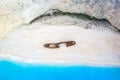 Travel traveling Zakynthos island beach vacation Greece shipwreck Navagio copyspace copy space background drone view aerial photo