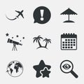 Travel trip icon. Airplane, world globe symbols. Royalty Free Stock Photo