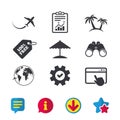 Travel trip icon. Airplane, world globe symbols. Royalty Free Stock Photo