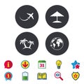 Travel trip icon. Airplane, world globe symbols. Royalty Free Stock Photo