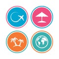 Travel trip icon. Airplane, world globe symbols. Royalty Free Stock Photo