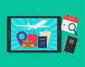 Travel and trip planning online vector or journey vocation flight time concept flat lay cartoon illustration, digital tablet