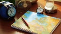 Travel, trip vacation, tourism mockup - close up of compass, glass of water note pad, pen and toy airplane, and touristic map on Royalty Free Stock Photo
