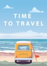 Travel, trip vector illustration. Ocean, sea, seascape. Surfing van, bus on beach. Summer holidays. Ocean background on Royalty Free Stock Photo