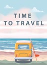 Travel, trip vector illustration. Ocean, sea, seascape. Surfing van, camper, bus on beach. Summer holidays. Ocean Royalty Free Stock Photo