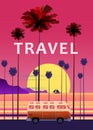 Travel, trip vector illustration. Sunset, ocean, sea, seascape. Surfing van, bus on road palm beach. Summer holidays Royalty Free Stock Photo