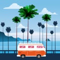 Travel, trip vector illustration. Sunset, ocean, sea, seascape. Surfing van, bus on road palm beach. Summer holidays Royalty Free Stock Photo