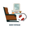 Travel or trip voyage vector icon of airplane seat, meals and traveler earphones