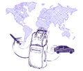 Travel and trips concept bag suitcase on world map background. Imitation drawing with a ballpoint pen or pencil.