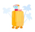 Travel on Tropical Country Resort. Tiny Male Character Tanning at Huge Luggage on White Background with Palm Trees