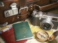 Travel or turism background concept. Old suitcase, passports