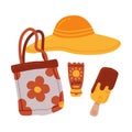 Travel or Vacation Accessories Set, Straw Hat, Sunscreen Lotion and Ice Cream, Journey on Holidays, Adventure, Tourism Royalty Free Stock Photo