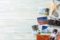 Travel vacation background concept with weekend photos on wooden backdrop. Top view with copy space. Flat lay. All photos taken by Royalty Free Stock Photo