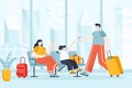 Travel vacation concept in flat design. Family in airport terminal waiting hall