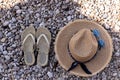 Travel vacation concept with flip flop sandals and beach staw Royalty Free Stock Photo