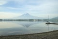 Travel and Vacation concept - Fuji snow mountain with sailing bo Royalty Free Stock Photo