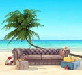Travel and vacation concept, rest on soft furniture on the sandy beach 3d render Royalty Free Stock Photo
