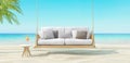 Travel and vacation concept, rest on soft furniture on the sandy beach 3d render
