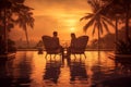 travel vacation couple sunset swimming romantic relax pool honeymoon back. Generative AI. Royalty Free Stock Photo