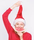 Travel vacation and holidays resort. Christmas girl eat watermelon. Woman santa hat hold slice watermelon. Exotic