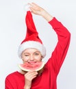 Travel vacation and holidays resort. Christmas girl eat watermelon. Woman santa hat hold slice watermelon. Exotic