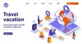 Travel vacation isometric landing page. International tourism isometry concept. Airport, passengers with luggage, travel agency 3d