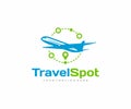 Travel vacation logo design. Airplane and destination route pin vector design Royalty Free Stock Photo