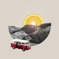 Contemporary art collage, modern design. Summer mood. Mountain background with sunset made of orange slice,