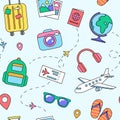 Travel and vacation objects, icons and accessories seamless pattern