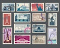Travel, vacation, postage stamp with architecture and world landmarks Royalty Free Stock Photo