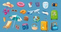 Travel vacation on summer beach icons set