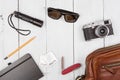 travel,vacation, tourism concept - set of cool stuff with camer