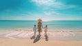 woman and children on beach at sea blue sky ,beautiful landsdcape minimalism travel and vacation ,