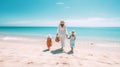 woman and children on beach at sea blue sky ,beautiful landsdcape minimalism travel and vacation ,