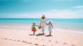 woman and children on beach at sea blue sky ,beautiful landsdcape minimalism copy space,travel and vacation ,