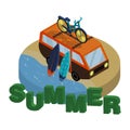 Travel van with bicycle mounted on roof and two surfboards. Summer 3d vector illustration about travel and camping