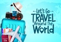 Travel vector background design. Let`s go travel around the world text in blue empty space Royalty Free Stock Photo