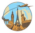 Banner with plane, landmarks and planet Earth